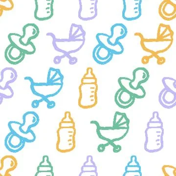 Baby Items Crayon Seamless Pattern. Vector seamless pattern illustration Stock Illustration