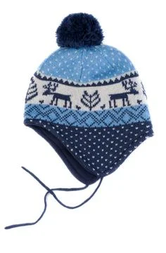 Baby knitted hat with pattern deer Foto stock