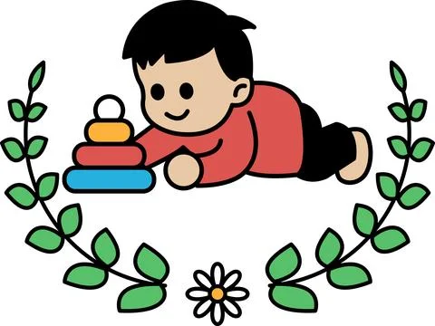 A baby is laying on a bed with a stack of blocks Stock Illustration
