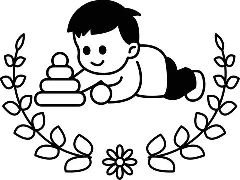A baby is laying on a bed with a stack of blocks 库存插图