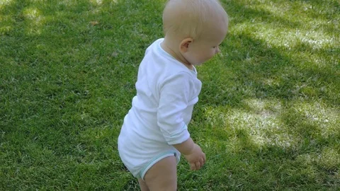 Baby learns to walk outdoors Stock Footage