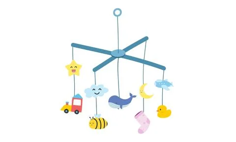 Baby mobile toy flat vector illustration. Hanging mobile toy clipart cartoon Stockillustratie