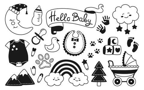 Baby newborn nursery objects linear stamp glyph birthday child memory scrapbook Stock Illustration