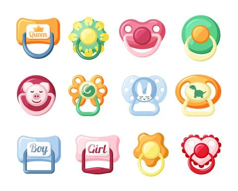 Baby pacifiers set. Red with head of cute pig and blue with inscription boy and Ilustração Stock