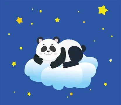 Baby panda getting ready for bed, moon, dark blue sky with stars outside th.. Stock Illustration