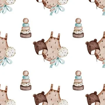 Baby pattern. Boho seamless drawing with eco accessories pyramid and rattle with Stock Illustration