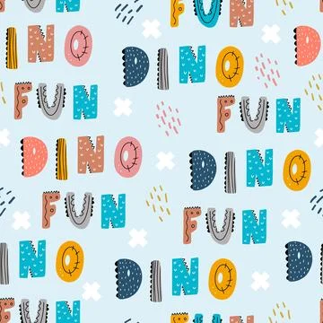 Baby pattern with phrase - dino fun. Vector hand-drawn colored seamless Stock Illustration