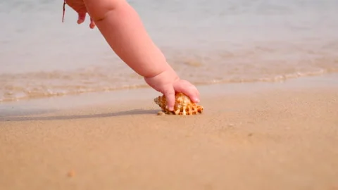 Baby picks up a seashell on the beach. selective focus. Stock Footage 153267647