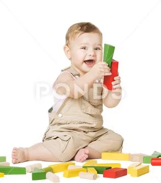Baby Play Toys Blocks, Happy Infant Kid Playing Wooden Bricks, Child on White Stock Photos