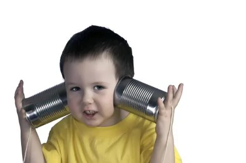 Baby Playing With Cans And String Stock Photos