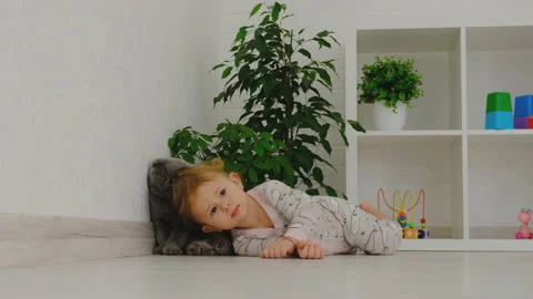 Baby is playing with the cat. Selective focus. Stock Footage 171479700