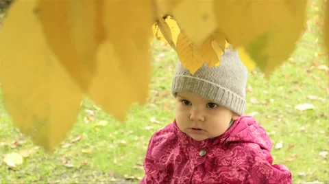 A baby is playing by the tree Stock Footage 31530671
