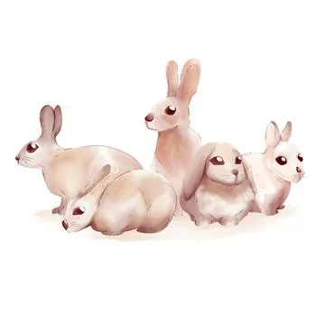 Baby rabbits different posing on white background watercolor illustration cut Illustrazione stock