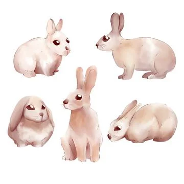 Baby rabbits different posing on white background watercolor illustration cut Stock Illustration
