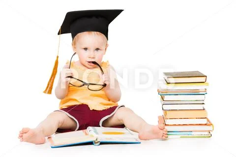 Baby Read Book in Graduation Hat and Glasses, Smart Child White Isolated Stock Photos
