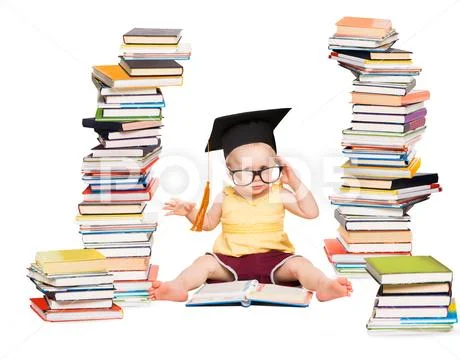 Baby Read Book in Graduation Hat Glasses, Smart Child near Books Stacks Stock Photos