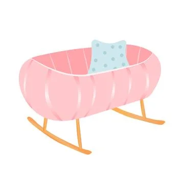 Baby rocking cot for bedroom in flat design. Cute pink cradle with pillow. .. Stock Illustration