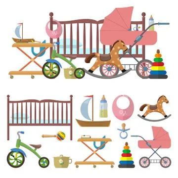 Baby room interior and vector set of toys for kids. Illustration in flat style Illustrazione stock