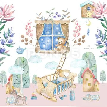 Baby room interior. Watercolor set illustration Baby room with a window, shel Stock Illustration