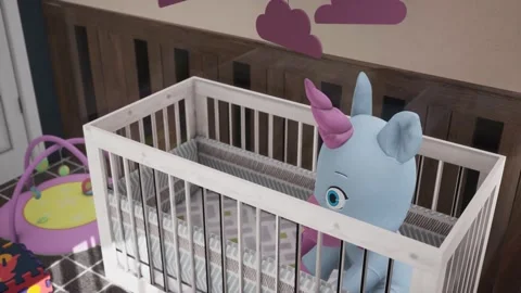Baby Room, Mountable Cube, Toy Bed, Baby Cradle, Plush Unicorn 3D Animations Stock Footage 229634863