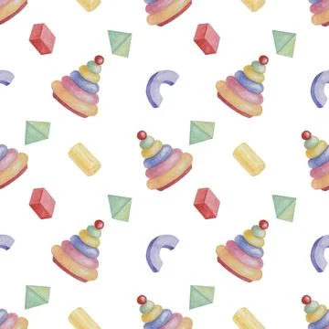 Baby seamless pattern with blocks and rings pyramid. Toys in watercolor. Textile Stock Illustration