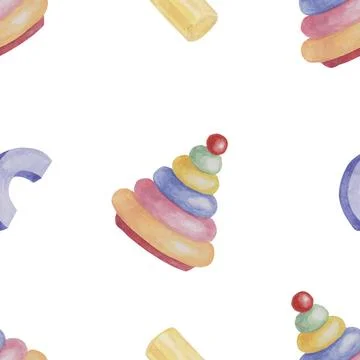 Baby seamless pattern with blocks and rings pyramid. Toys in watercolor. Textile Stock Illustration