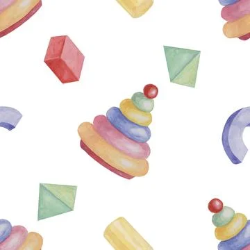 Baby seamless pattern with blocks and rings pyramid. Toys in watercolor. Textile Stock Illustration