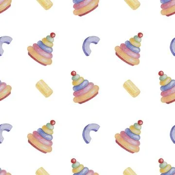 Baby seamless pattern with blocks and rings pyramid. Toys in watercolor. Textile Stock Illustration