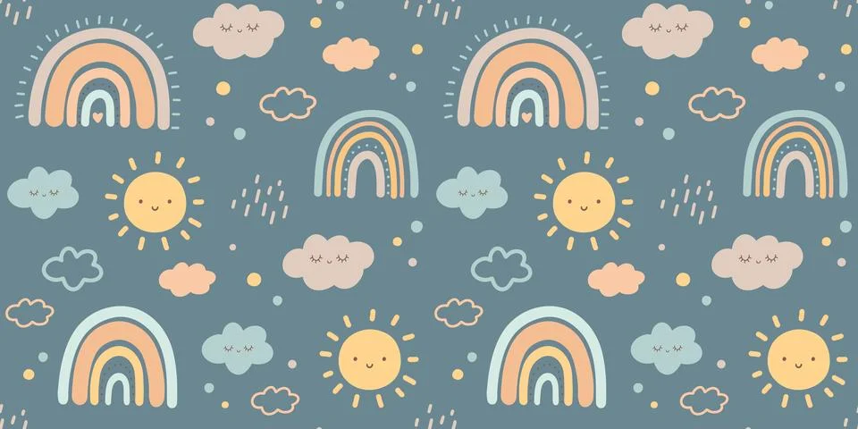 Baby seamless pattern on blue background in boho style with clouds, sun and r Stock Illustration