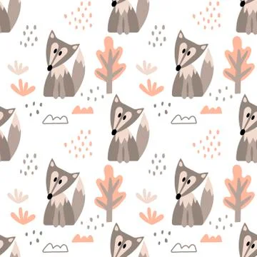 Baby seamless pattern with Cute Fox . Trees, vegetation and Doodle elements.  Illustrazione stock