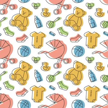Baby Seamless Pattern Design, A Set of Simple Decorative Elements in a Hand.. 스톡 일러스트
