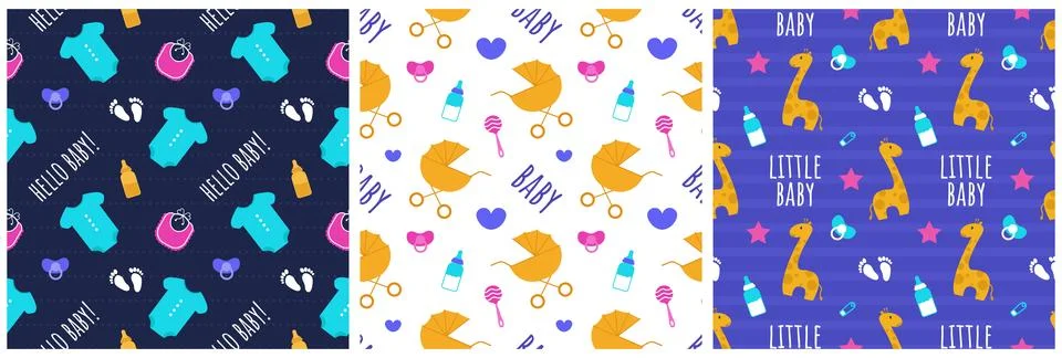 Baby Seamless Pattern Design, A Set of Simple Decorative Elements in a Hand.. 스톡 일러스트