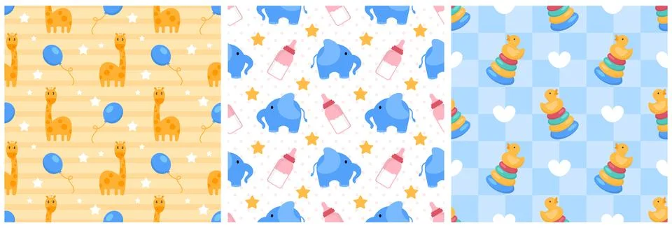 Baby Seamless Pattern Design, A Set of Simple Decorative Elements in a Hand.. 스톡 일러스트