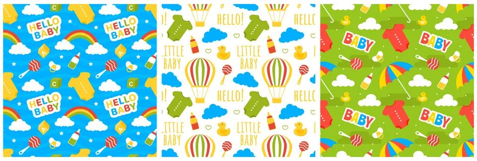 Baby Seamless Pattern Design, A Set of Simple Decorative Elements in a Hand.. Stock Illustration