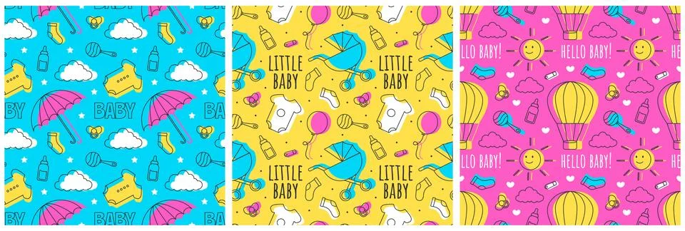 Baby Seamless Pattern Design, A Set of Simple Decorative Elements in a Hand.. 스톡 일러스트