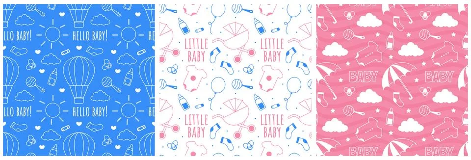 Baby Seamless Pattern Design, A Set of Simple Decorative Elements in a Hand.. Stock Illustration