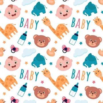 Baby Seamless Pattern Design, A Set of Simple Decorative Elements in a Hand.. Stock Illustration