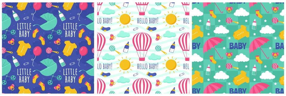 Baby Seamless Pattern Design, A Set of Simple Decorative Elements in a Hand.. 스톡 일러스트