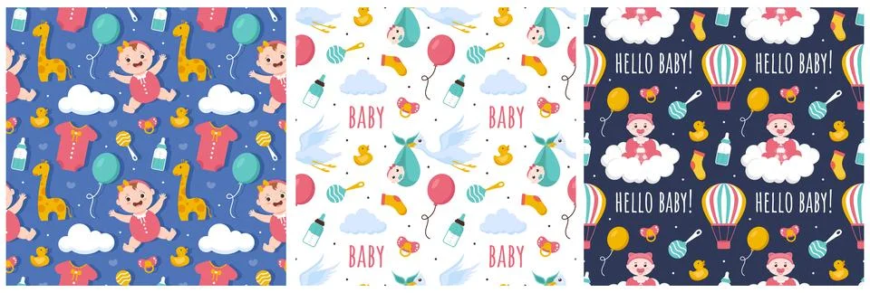 Baby Seamless Pattern Design, A Set of Simple Decorative Elements in a Hand.. 스톡 일러스트