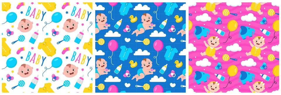 Baby Seamless Pattern Design, A Set of Simple Decorative Elements in a Hand.. イラスト素材