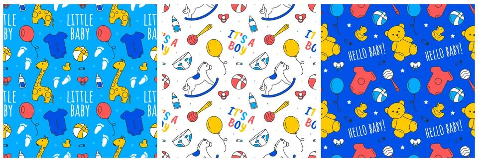 Baby Seamless Pattern Design, A Set of Simple Decorative Elements in a Hand.. Stock Illustration