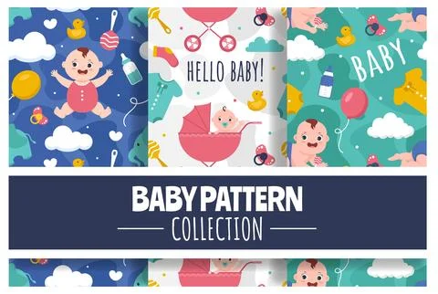 Baby Seamless Pattern Design, A Set of Simple Decorative Elements in a Hand.. 스톡 일러스트