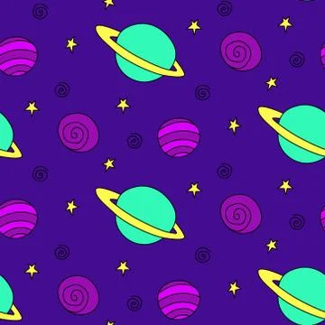 Baby seamless pattern. Different multi-colored cartoon planets and stars in s Stock Illustration