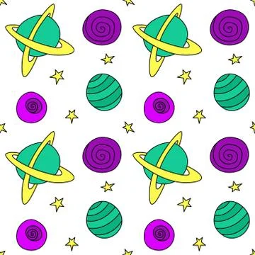Baby seamless pattern. Different multi-colored cartoon planets and stars in s Stock Illustration