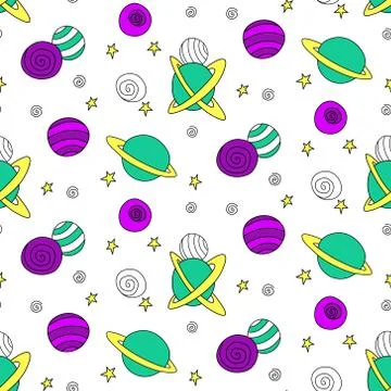 Baby seamless pattern. Different multi-colored cartoon planets and stars in s Stock Illustration