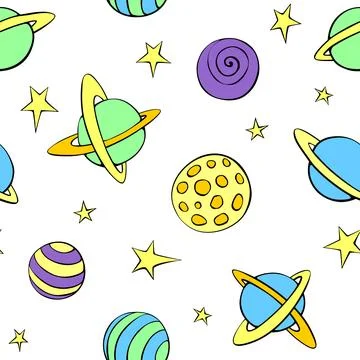 Baby seamless pattern. Different multicolored cartoon planets and stars in sp Illustrazione stock