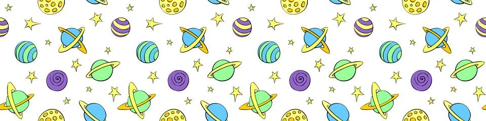Baby seamless pattern. Different multicolored cartoon planets and stars in .. Stock Illustration