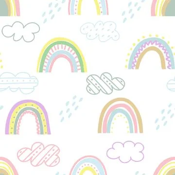 Baby seamless pattern with rainbow clouds and drops vector illustration. Illustrazione stock