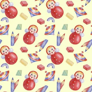 Baby seamless pattern in red, blue colors with roly-poly doll, pencils, humming Ilustración de archivo