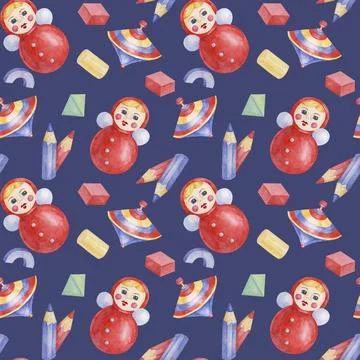 Baby seamless pattern in red, blue colors with roly-poly doll, pencils, humming Illustrazione stock